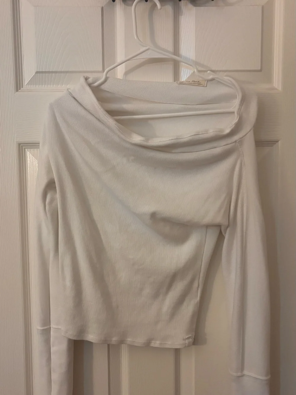 Free People White Off-Shoulder Ribbed Long Sleeve Top